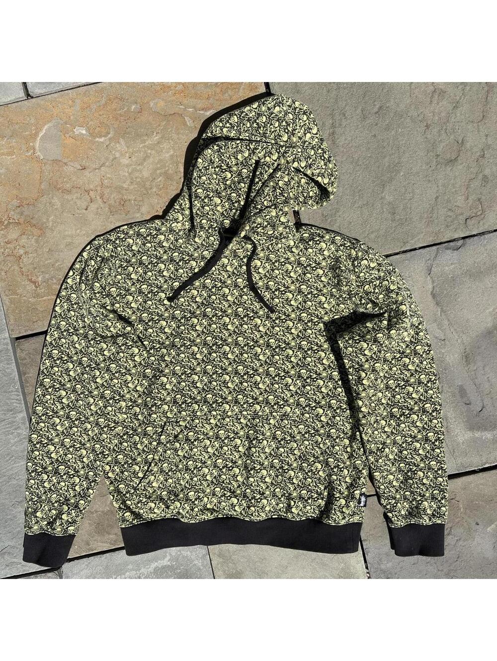 Stussy Rare Skull + Bones Pattern Hoodie Highlighter Yellow